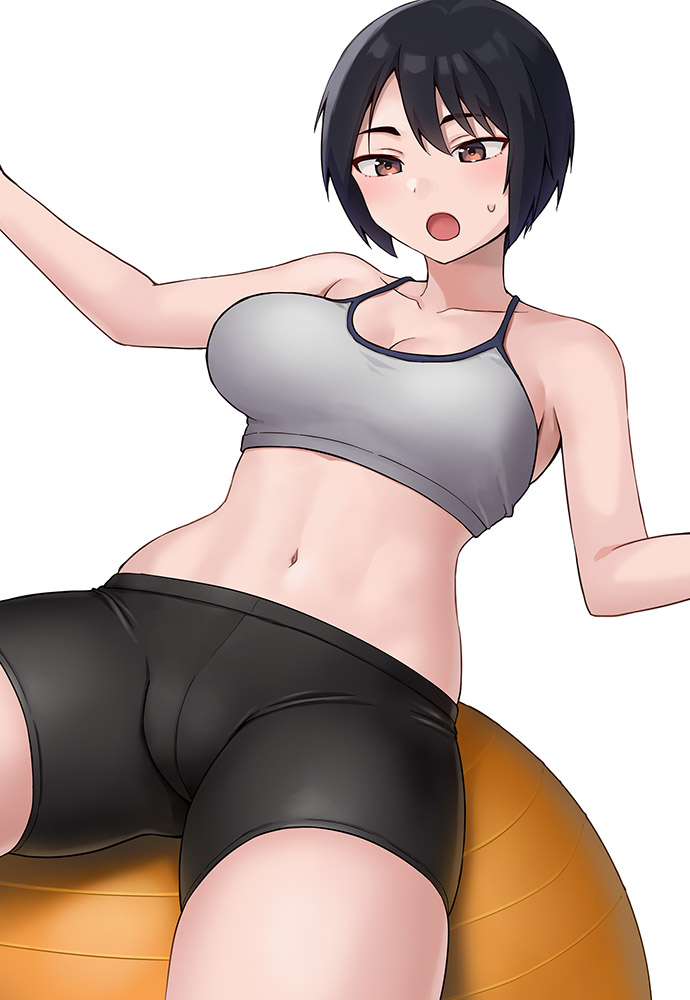 1girl ball bike_shorts black_hair breasts brown_eyes collarbone commentary_request exercise_ball hair_between_eyes hashi medium_breasts navel open_mouth original sagging_breasts short_hair simple_background solo sports_bra sweat thighs tomboy white_background