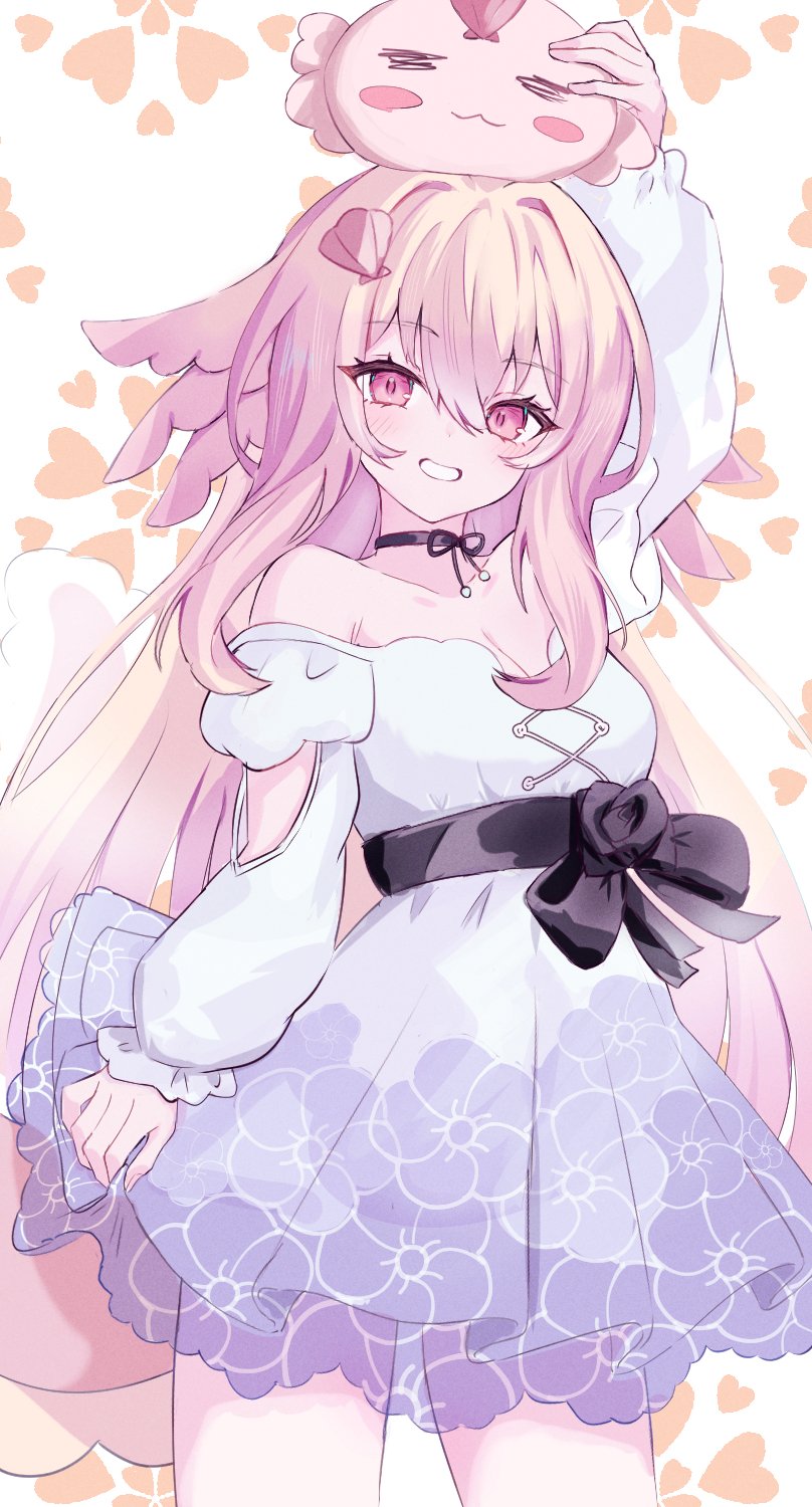 1girl arm_at_side arm_up axolotl axolotl_ears axolotl_girl bare_shoulders black_choker breasts choker cleavage cowboy_shot dot_nose dress floral_background floral_print floral_print_dress grin hair_between_eyes highres long_hair long_sleeves looking_at_viewer lottie_shinju medium_breasts off-shoulder_dress off_shoulder pink_eyes pink_hair pixellink print_dress puffy_long_sleeves puffy_sleeves reinoni ribbon_choker shell_hair_ornament simple_background sleeves_past_wrists smile solo standing very_long_hair virtual_youtuber white_background white_dress
