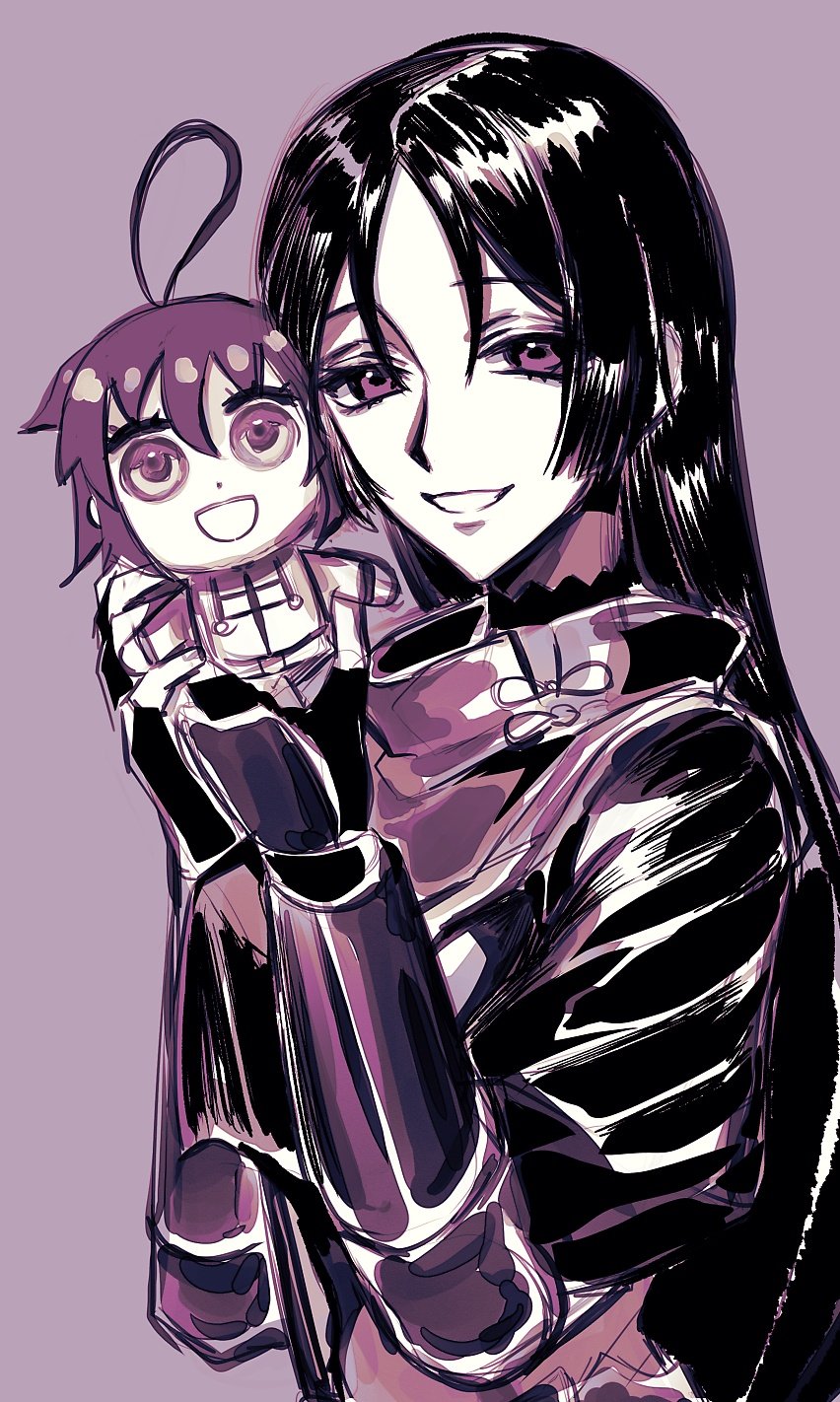 1girl armor black_hair character_charm character_doll charm_(object) fate/grand_order fate_(series) fingerless_gloves fujimaru_ritsuka_(female) gloves highres holding holding_charm japanese_armor kckhsrrr learning_with_manga!_fgo long_hair long_sleeves looking_at_viewer minamoto_no_raikou_(fate) open_mouth purple_background purple_eyes purple_theme shirt smile solo upper_body