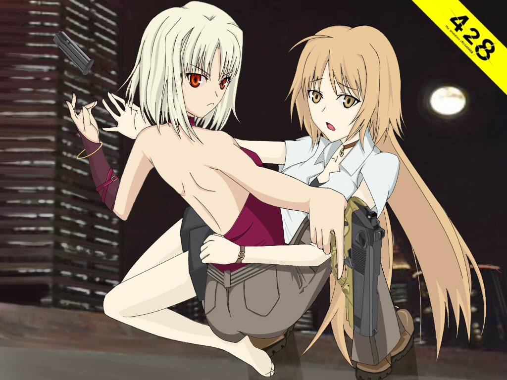 2girls 428 428:_fuusa_sareta_shibuya_de bad_id bad_pixiv_id barefoot blonde_hair canaan_(character) canaan_(series) chunsoft gun handgun long_hair multiple_girls oosawa_maria red_eyes sleeveless sleeveless_turtleneck turtleneck weapon white_hair