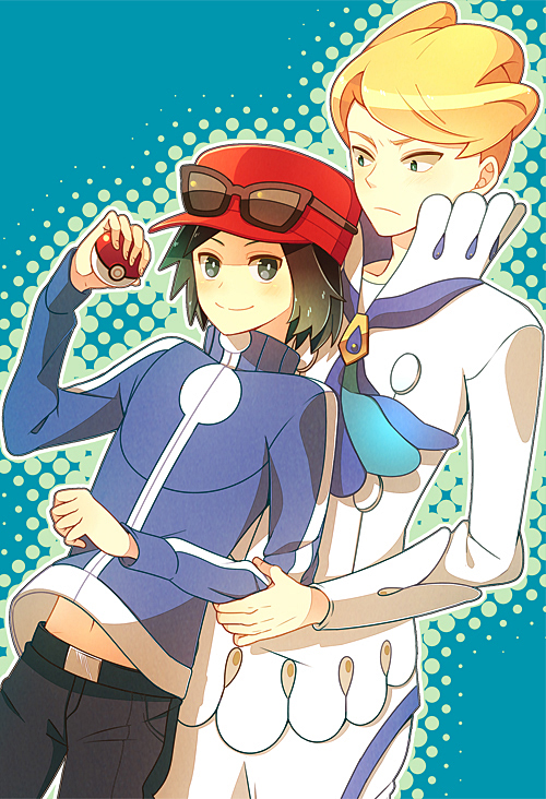 2boys belt black_hair black_pants blonde_hair blue_background blue_jacket blue_neckerchief calem_(pokemon) closed_mouth hat himari_g_(sr) holding holding_poke_ball jacket male_focus midriff multiple_boys neckerchief nintendo pants poke_ball poke_ball_(basic) pokemon pokemon_xy red_hat shirt short_hair siebold_(pokemon) sunglasses white_shirt yaoi
