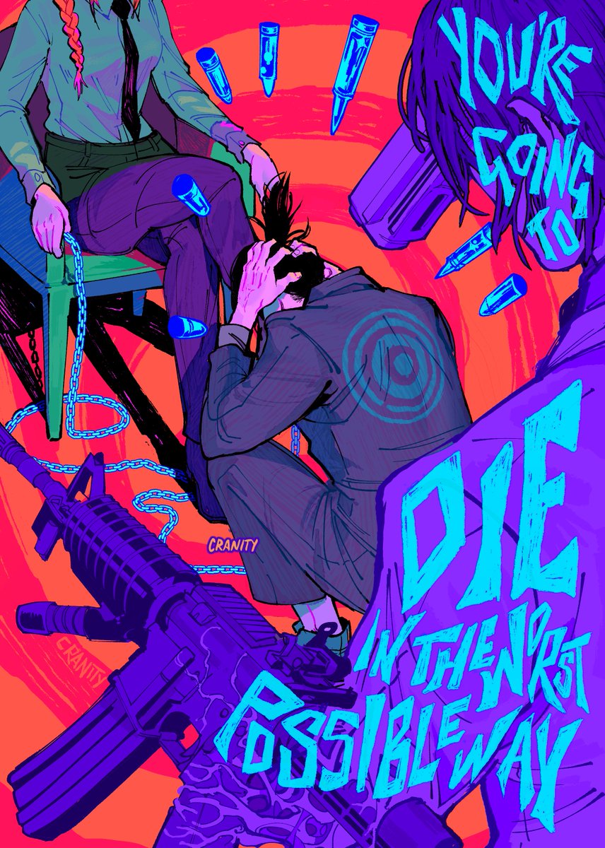 1boy 1girl artist_name assault_rifle black_necktie blue_jacket blue_theme braid braided_ponytail bullet chain chainsaw_man collared_shirt cranity crossed_arms formal_clothes gun gun_devil_(chainsaw_man) hair_over_shoulder hayakawa_aki highres holding holding_chain jacket makima_(chainsaw_man) medium_hair necktie red_hair rifle shirt shirt_tucked_in short_hair sitting spiral squatting suit suit_jacket target topknot weapon white_shirt