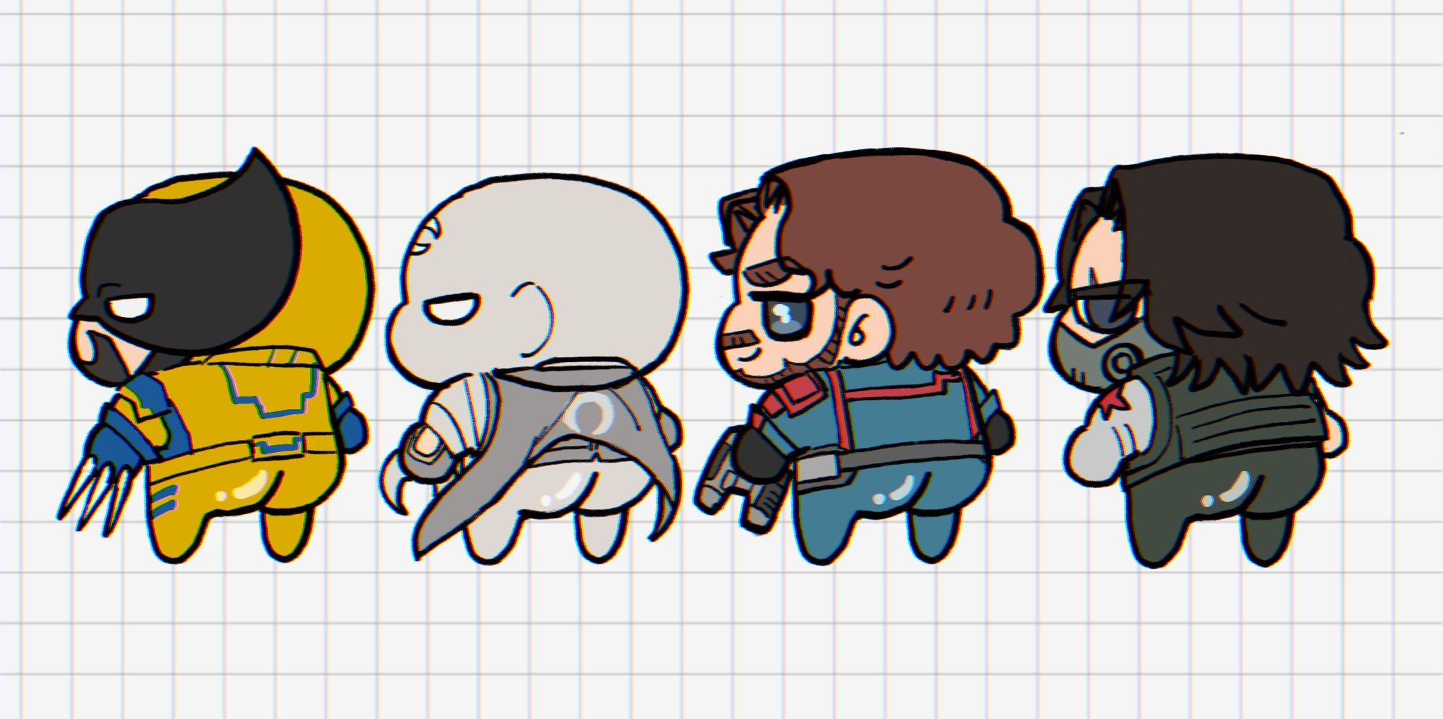 84_maaaaa ass beard bodysuit brown_hair bucky_barnes cape captain_america_(series) chibi crescent facial_hair guardians_of_the_galaxy highres looking_at_another looking_at_viewer male_focus marvel marvel_cinematic_universe marvel_rivals mask mechanical_arms moon moon_knight mr._knight multiple_boys muscular muscular_male peter_quill prosthesis prosthetic_arm short_hair simple_background single_mechanical_arm star-lord superhero_costume white_cape winter_soldier wolverine_(x-men) x-men