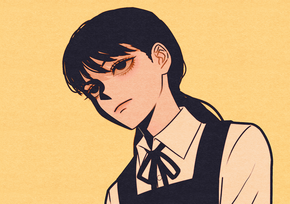 1girl black_eyes black_hair chainsaw_man commentary czy_(2894456992) expressionless eyelashes fourth_east_high_school_uniform frown low_twintails mitaka_asa portrait school_uniform solo twintails yellow_background