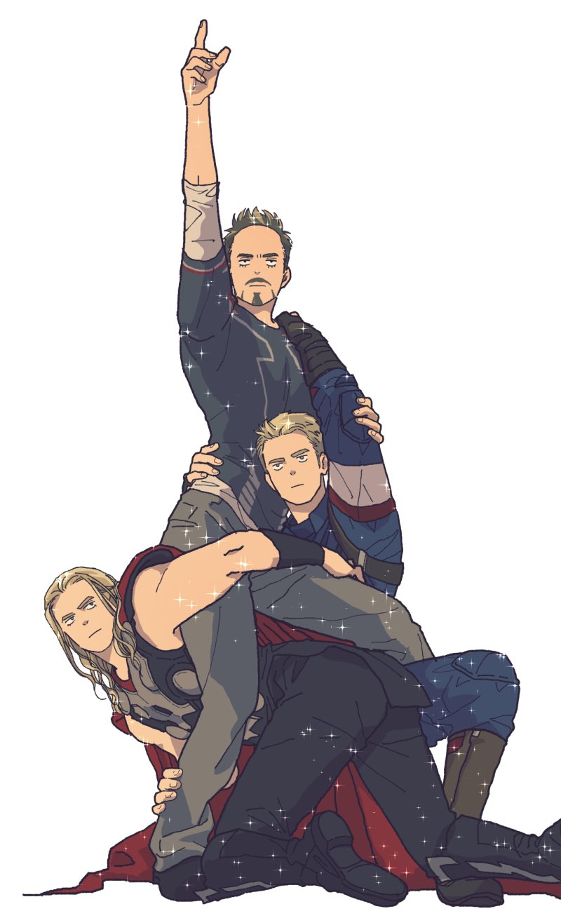 3boys arm_up armor arms_up avengers:_age_of_ultron avengers_(series) bare_shoulders black_eyes black_footwear black_gloves black_pants black_shirt blonde_hair blue_bodysuit blue_eyes bodysuit boots brown_footwear brown_hair cape captain_america closed_mouth commentary_request facial_hair fingerless_gloves fingernails gloves grey_armor grey_pants highres index_finger_raised layered_sleeves long_sleeves looking_at_another looking_up male_focus marvel marvel_cinematic_universe mochishio multiple_boys narrative_formation pants red_cape shirt shoes short_hair short_over_long_sleeves short_sleeves simple_background sitting sleeveless sleeveless_shirt sparkle standing steve_rogers superhero_costume t-shirt thor_(marvel) tony_stark v-shaped_eyebrows white_background
