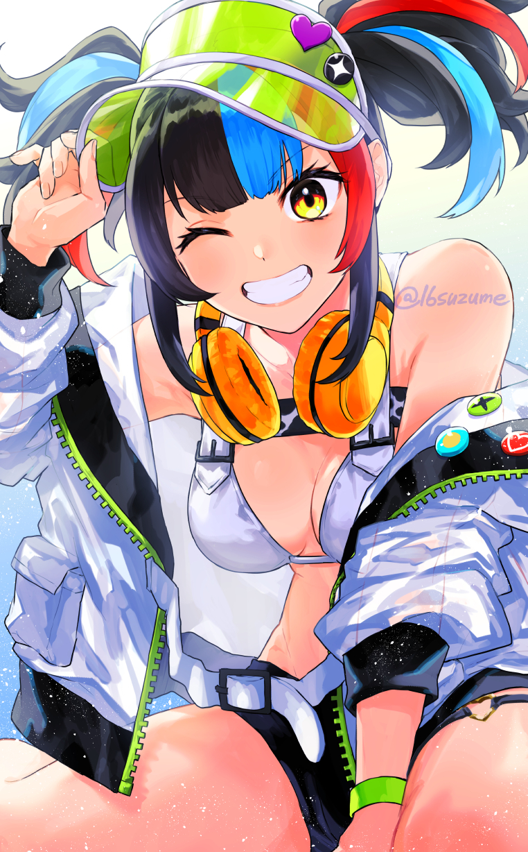 1girl badge bare_shoulders bikini black_hair black_shorts blue_hair blush breasts button_badge cleavage fate/grand_order fate_(series) green_hat grin hat headphones headphones_around_neck highres jacket large_breasts long_hair long_sleeves looking_at_viewer multicolored_hair off_shoulder one_eye_closed open_clothes open_jacket red_hair sei_shounagon_(fate) sei_shounagon_(swimsuit_berserker)_(fate) sei_shounagon_(swimsuit_berserker)_(first_ascension)_(fate) short_shorts shorts sidelocks smile solo somemiya_suzume swimsuit thighs twintails visor_cap white_bikini white_jacket yellow_eyes