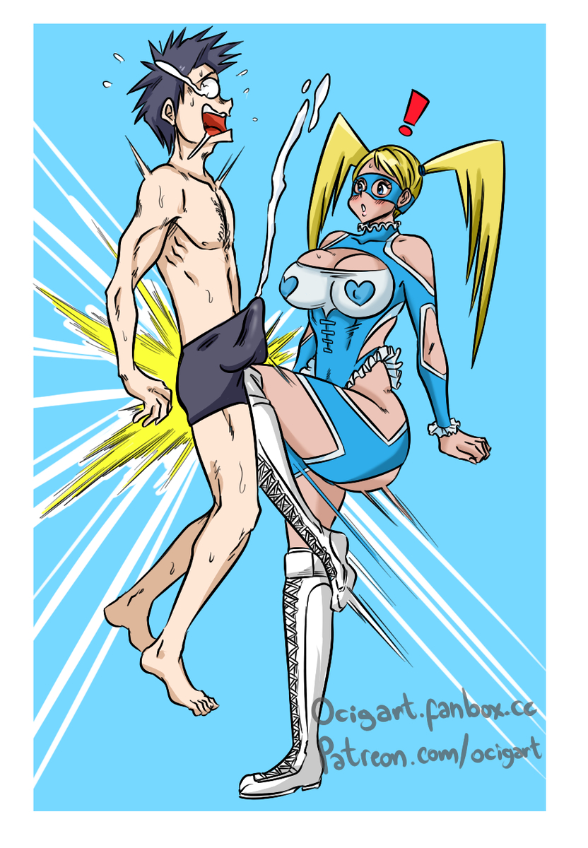 1boy 1girl ball_busting ejaculation_under_clothes highres kneeing ocigart premature_ejaculation rainbow_mika
