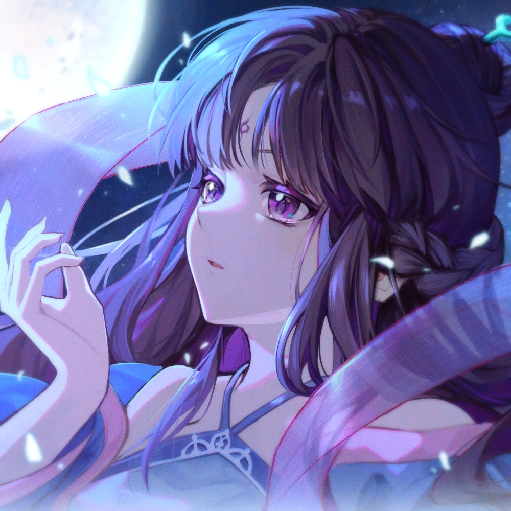 1girl baiye_renxing bare_shoulders black_hair facial_mark forehead_mark full_moon hagoromo hair_bun hand_up liu_mengli_(xianjian_qixia_zhuan_4) long_hair moon moonlight nape_braid night night_sky parted_lips portrait purple_eyes purple_shawl shawl sky solo xianjian_qixia_zhuan xianjian_qixia_zhuan_4