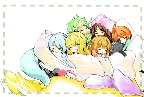 3girls 4boys ahoge annie_barrs blonde_hair blue_hair boots brown_hair claire_bennett eugene_gallardo closed_eyes green_eyes green_hair hat hilda_rhambling mao_(tales) multiple_boys multiple_girls open_mouth orange_hair pants sleeping tales_of_(series) tales_of_rebirth tytree_crowe veigue_lungberg