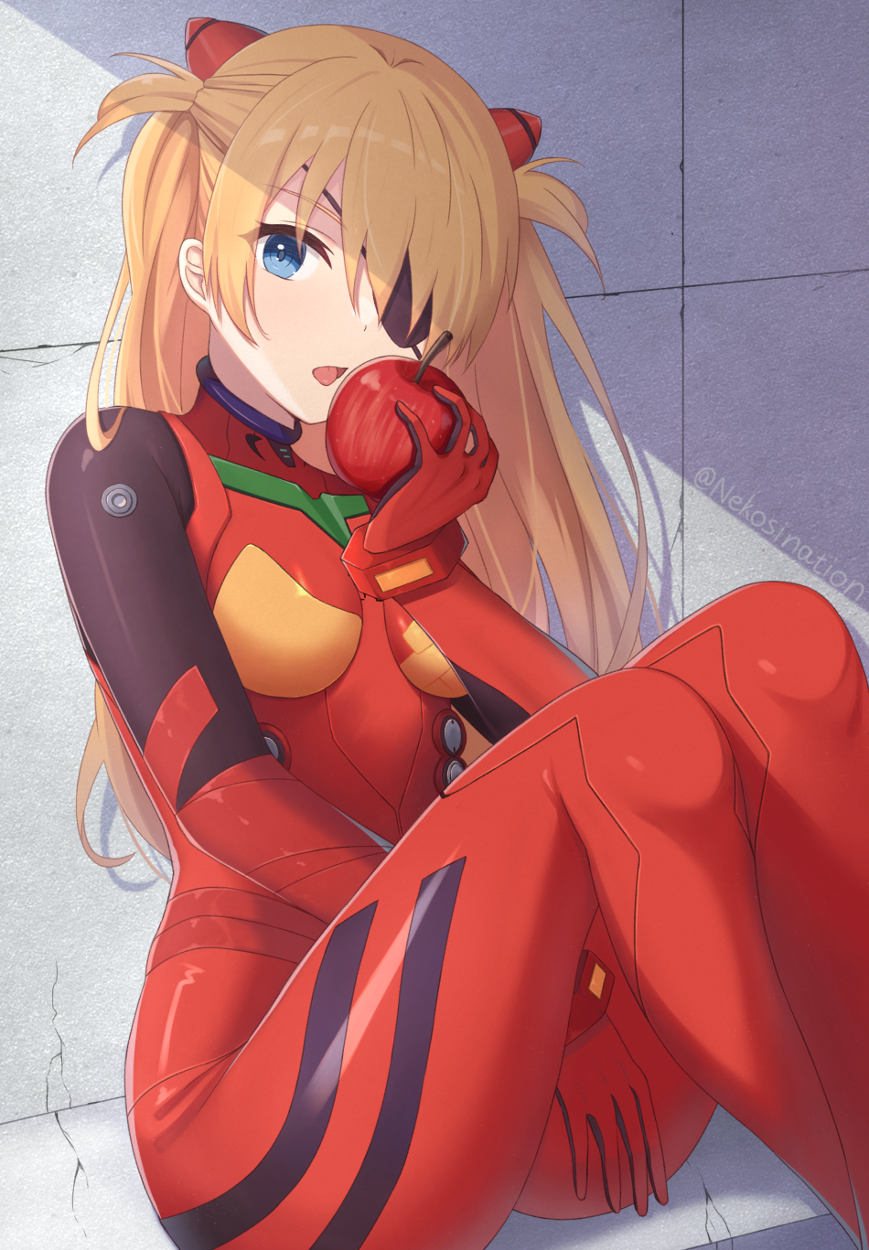 1girl apple arm_between_legs ass blue_eyes bodysuit breasts curvy eating evangelion:_3.0_you_can_(not)_redo eyepatch feet_out_of_frame food fruit highres holding holding_food holding_fruit knees_up long_hair looking_at_viewer mecha_pilot_suit medium_breasts nekosination neon_genesis_evangelion one_eye_covered open_mouth orange_hair plugsuit_(evangelion) rebuild_of_evangelion red_bodysuit shiny_clothes sitting solo souryuu_asuka_langley tongue twitter_username two_side_up wide_hips