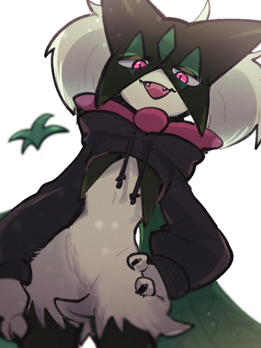 1other :d animal_hands black_fur black_shrug clothed_pokemon fangs furry green_fur green_hair half-closed_eyes hand_on_own_hip highres hooded_shrug looking_at_viewer meowscarada nintendo open_mouth other_focus pink_eyes pokemon pokemon_(creature) short_hair shrug_(clothing) simple_background smile solo sstoh standing two-tone_fur upper_body white_background