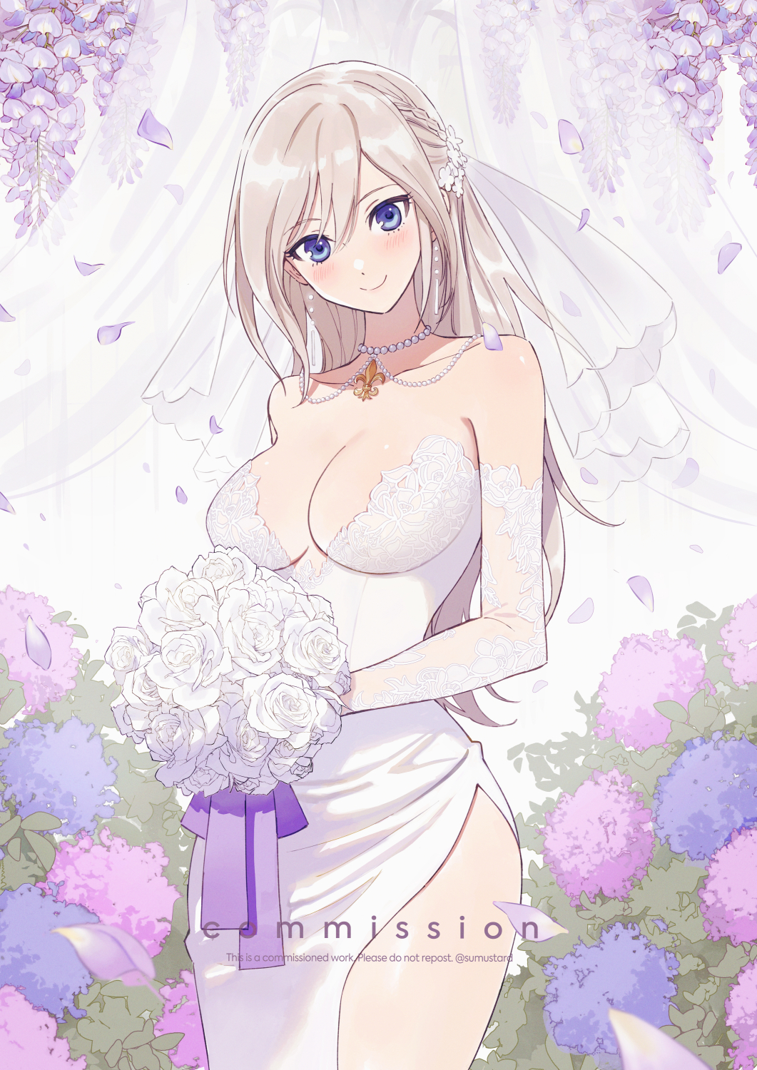 1girl alisa_ilinichina_amiella alternate_costume bare_shoulders blonde_hair blue_eyes blush bouquet braid breasts bridal_veil bride cleavage closed_mouth collarbone commission cowboy_shot dress earrings elbow_gloves fleur-de-lis flower gloves god_eater highres holding holding_bouquet hydrangea jewelry large_breasts long_hair looking_at_viewer necklace pelvic_curtain petals rose smile solo strapless strapless_dress sumustard veil wedding_dress white_dress white_flower white_gloves white_rose wisteria