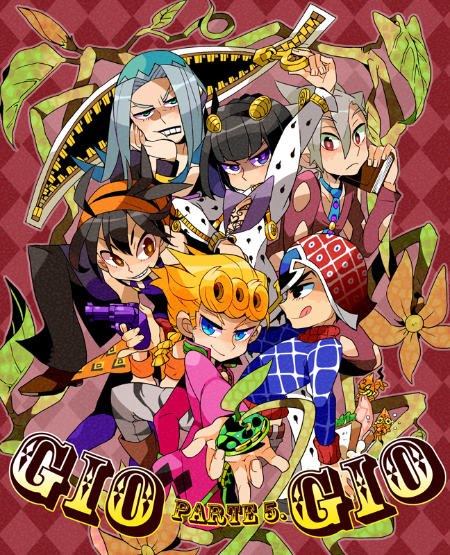 6+boys angry animal_print argyle_clothes argyle_hat argyle_sweater bandana belt black_eyes black_hair black_lips black_pants black_suit blonde_hair blue_eyes blue_hair blue_headwear blue_necktie blue_shirt book boots braid braided_ponytail brown_belt brown_footwear bruno_bucciarati checkered_coat chest_tattoo clenched_teeth clothing_cutout coat_tails collarbone commentary_request curls curly_hair facing_to_the_side flower food_print formal_clothes frown fruit_print furrowed_brow giorno_giovanna going gold_hair green_trim grey_hair grey_pants guido_mista gun hair_between_eyes hair_clipper hair_ornament hairband hairclip hand_outstreched hat head_on_hand head_rest headband high_collar holding holding_book holding_gun holding_pistol holding_weapon hole_in_clothes holes_in_clothes jitome jojo_no_kimyou_na_bouken ladybug_ornament leone_abbacchio licking licking_lips looking_ahead looking_at_viewer medium_hair messy_hair midriff multicolored_hair multicolored_headwear multicolored_shirt multicolored_suit multiple_boys narancia_ghirga necktie orange_bandana orange_eyes orange_hairband orange_headwear orange_shirt orange_skirt ornate outstretched_arm pannacotta_fugo pants pink_hair pink_suit ponytail purple_eyes purple_pants purple_strap purple_tank_top raised_eyebrows reaching reaching_towards_viewer red_eyes red_headwear red_pants red_suit sex_pistols_(stand) shirt short_hair short_ponytail side_slit skirt smile smirk spiked_hair straight_bangs straight_hair strap strawberry_print suit sweater symbol tank_top tattoo teeth tiger_print tongue tongue_out turtleneck turtleneck_sweater unzipped unzipping vento_aureo weapon white_headwear white_shirt white_suit yellow_hair_ornament zipper