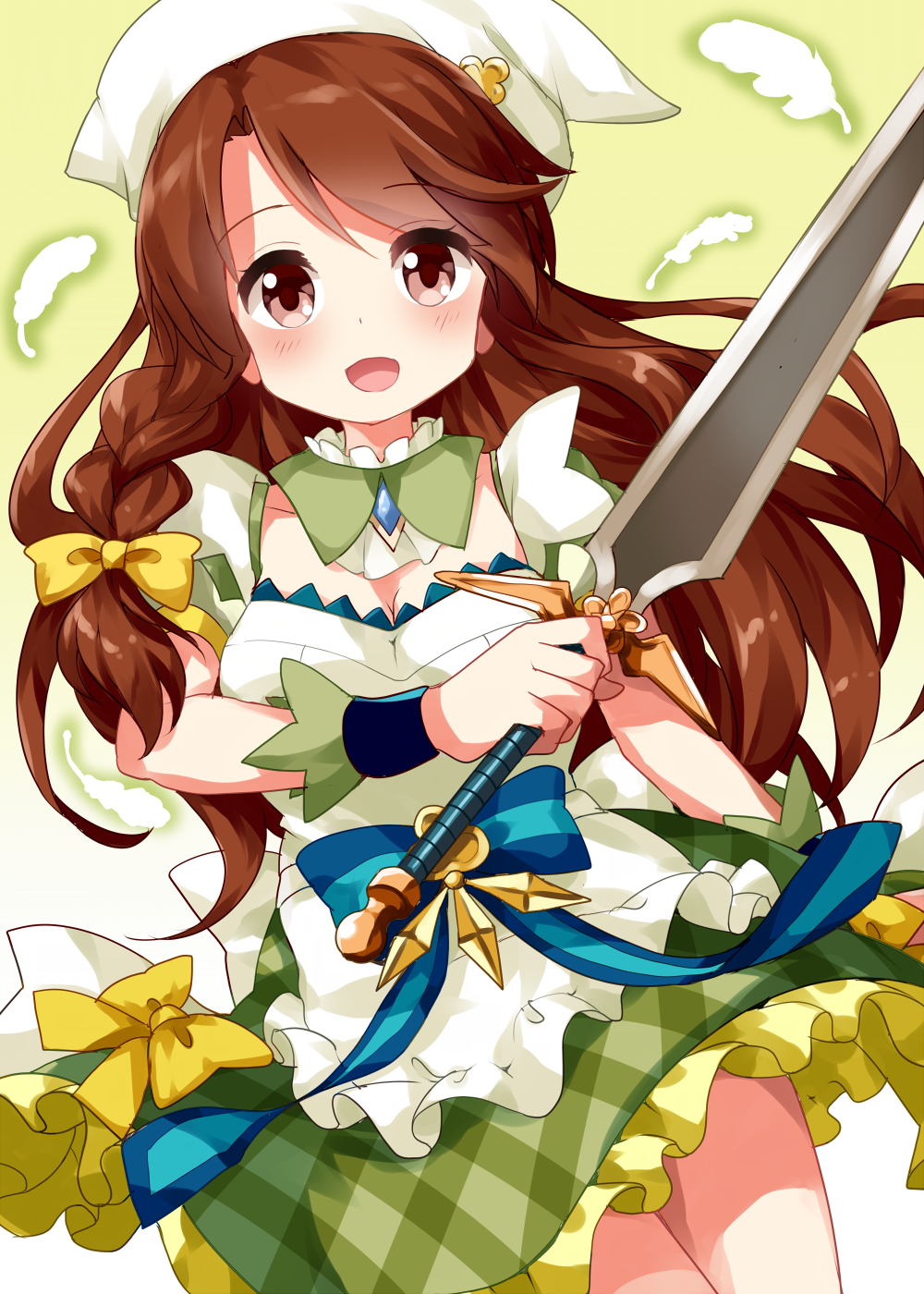 1girl alternate_costume apron blue_bow bow braid breasts brown_eyes brown_hair cleavage cowboy_shot detached_sleeves feathers gradient_background green_background hair_bow highres holding holding_sword holding_weapon kin-iro_mosaic long_hair looking_at_viewer matsubara_honoka open_mouth petticoat plaid ruu_(tksymkw) short_sleeves side_braid single_braid smile solo standing sword weapon white_apron white_feathers white_headwear wrist_cuffs yellow_bow