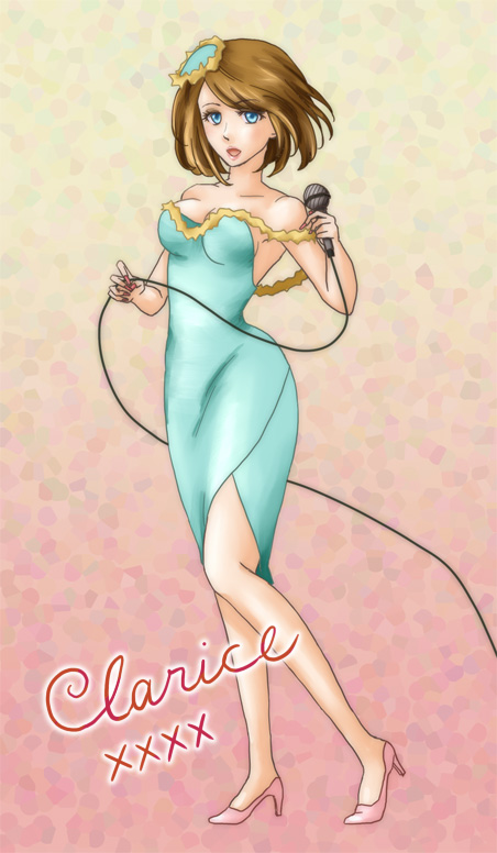 1girl animification blue_dress blue_eyes brown_hair clarice_(disney) disney dress eyelashes flower hair_flower hair_ornament high_heels humanization looking_at_viewer mickey_mouse_&amp;_friends miteimitei personification short_hair smile solo upper_body