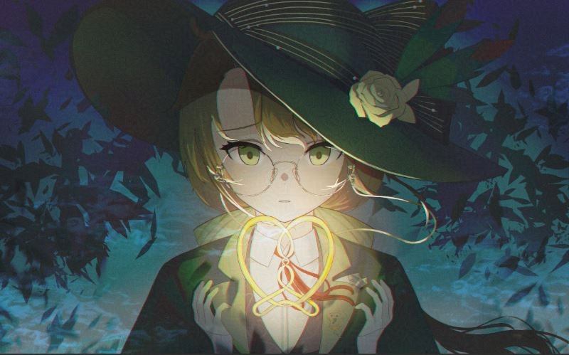 1girl blue_background collared_shirt enkei_(enekei16) facing_viewer feathers flower furrowed_brow glasses gloves glowing gradient_background green_eyes green_feathers green_hat green_jacket hands_up hat hat_feather hat_flower hofmann_knot jacket kakania_(reverse:1999) looking_at_object neck_ribbon picture_hat red_ribbon reverse:1999 ribbon round_eyewear shards shirt solo upper_body white_gloves white_shirt yellow_flower