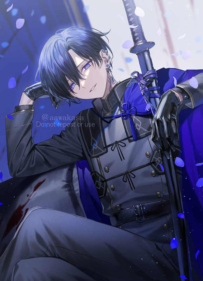 1boy arm_up belt belt_buckle black_belt black_gloves black_hair black_pants black_shirt blue_eyes buckle commentary_request crossed_legs ear_piercing earrings gloves hair_between_eyes jewelry katana long_sleeves looking_at_viewer male_focus original pants parted_lips petals piercing ryuuki_(hydrangea) sheath sheathed shirt sitting solo star_(symbol) star_earrings sword twitter_username watermark weapon