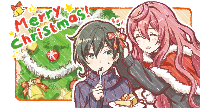 2girls ^_^ adjusting_hair_ornament black_hair black_sweater border cake capelet christmas_tree cinderella_series closed_eyes eating food fork fur-trimmed_capelet fur_trim green_eyes hachigatsu_no_cinderella_nine hair_between_eyes hair_ornament hanako_(akatsuki) holding holding_fork holding_plate honjo_chikage indoors long_hair long_sleeves looking_at_another merry_christmas multiple_girls non-web_source notice_lines official_art open_mouth outside_border plate purple_hair red_capelet short_hair sweatdrop sweater tsukumo_kana very_long_hair wavy_hair white_border