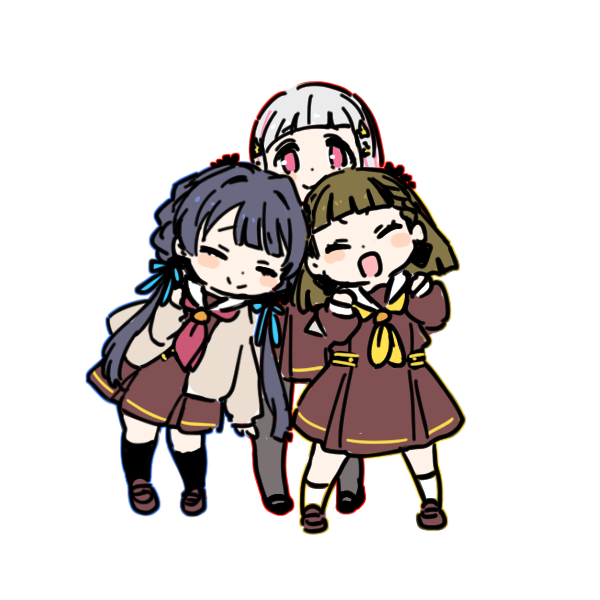 3girls :d ^_^ black_bow black_gloves black_pantyhose black_shoes black_socks blue_hair blue_ribbon blush blush_stickers bob_cut bow braid brown_cardigan brown_dress brown_hair cardigan center-flap_bangs closed_eyes closed_mouth colored_inner_hair deformed diagonal_bangs dollchestra dress full_body gloves hair_bow hair_ornament hair_ribbon hasu_no_sora_school_uniform inverted_bob kachimachi_kosuzu link!_like!_love_live! long_hair long_sleeves love_live! low_twintails mole mole_on_neck multicolored_hair multiple_girls murano_sayaka neckerchief open_cardigan open_clothes open_mouth pantyhose pink_eyes red_hair red_neckerchief ribbon sailor_collar sailor_dress school_uniform shinanoya_(satanicad) shoes short_hair side_braids simple_background smile socks split_mouth star_(symbol) star_hair_ornament straight_hair streaked_hair twintails virtual_youtuber white_background white_hair white_sailor_collar white_socks winter_uniform yellow_neckerchief yugiri_tsuzuri