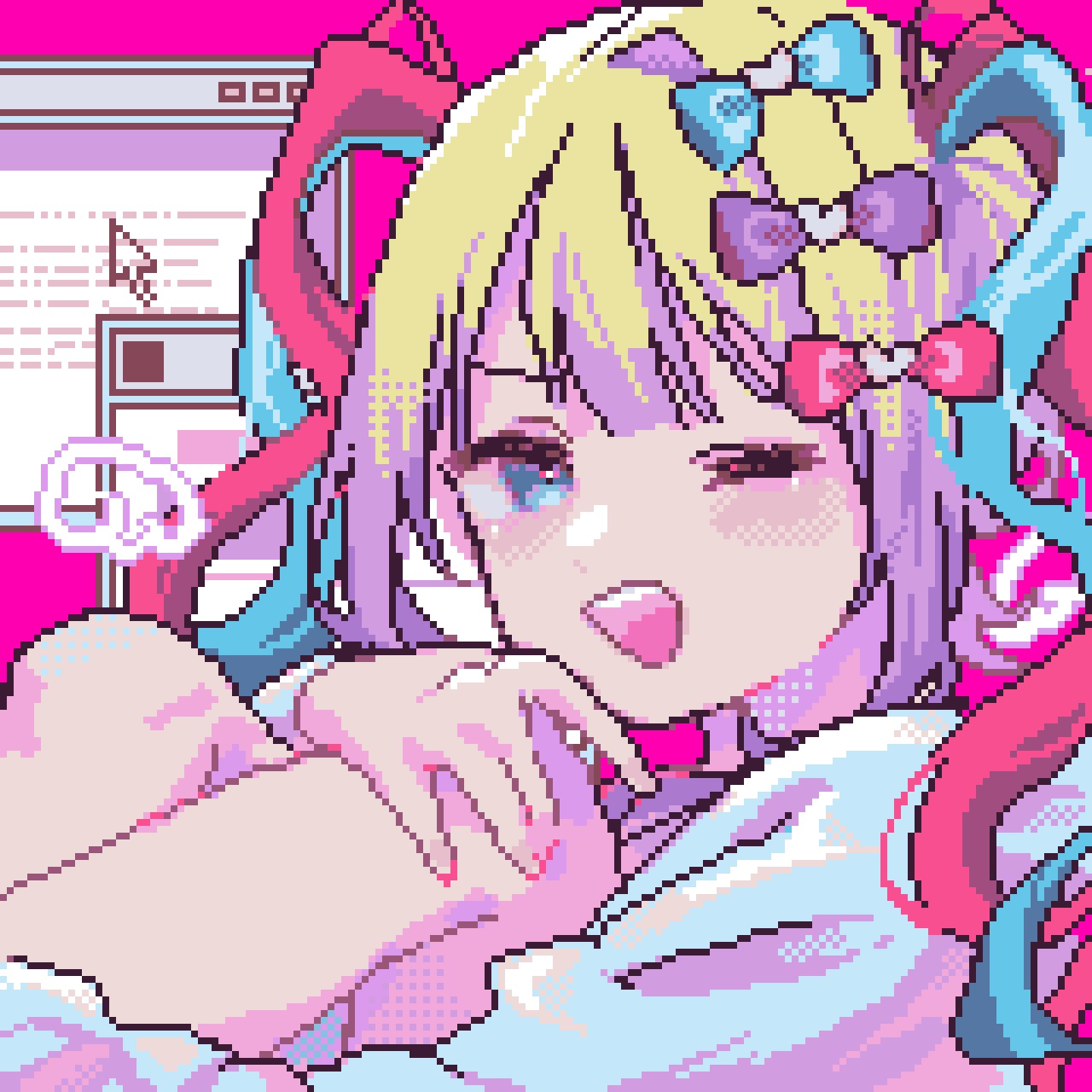1girl ;d arm_around_leg asleep_onthebed blonde_hair blue_eyes blue_hair blue_serafuku chouzetsusaikawa_tenshi-chan colored_tips cursor dotpict_(medium) drawn_wings hand_on_knees highres knees_up looking_at_viewer multicolored_hair needy_girl_overdose one_eye_closed open_mouth pink_background pink_hair pixel_art quad_tails school_uniform serafuku smile solo upper_body window_(computing)