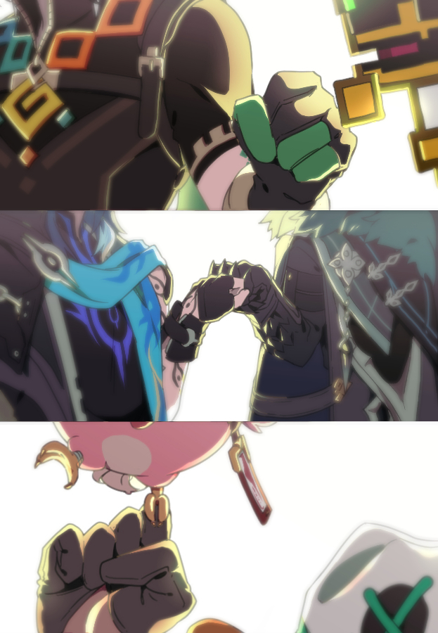 4boys ajaw_(genshin_impact) arm_tattoo bird cacucu cape capitano_(genshin_impact) dragon fingerless_gloves fist_bump genshin_impact gloves harness hat head_out_of_frame hinatalavender ifa_(genshin_impact) kinich_(genshin_impact) male_focus multiple_boys ororon_(genshin_impact) shirt tattoo