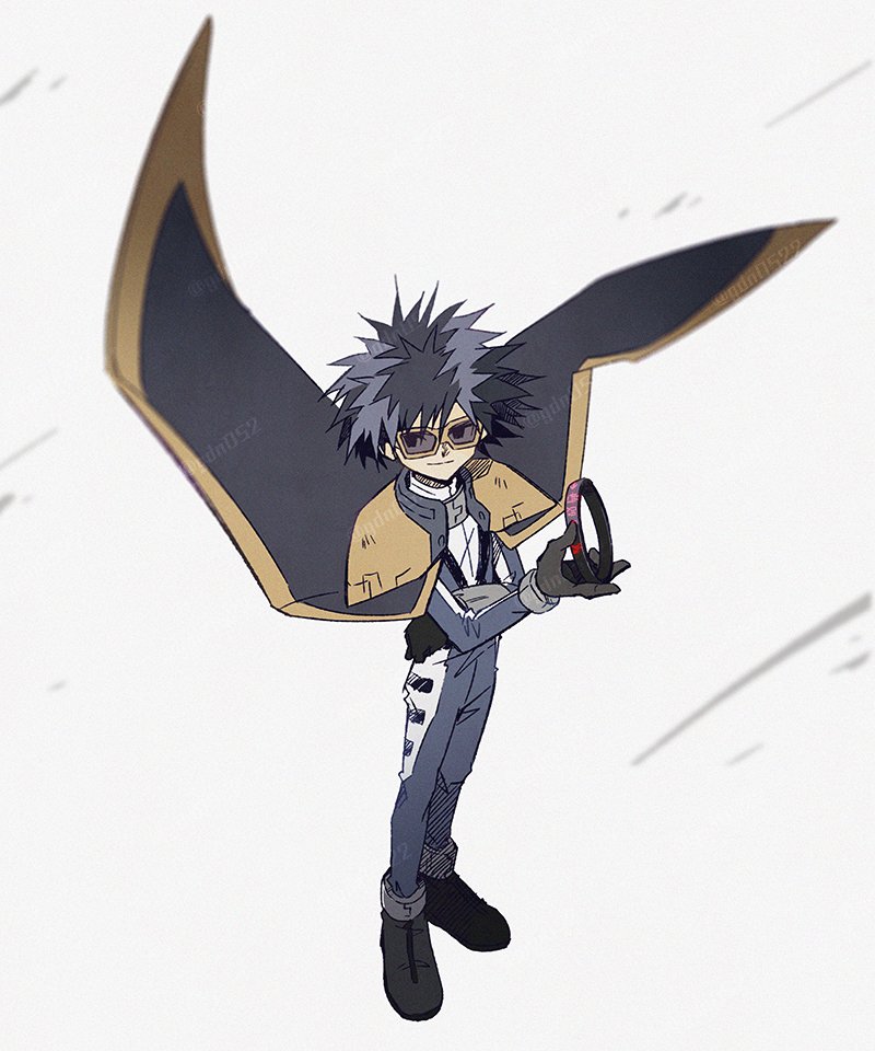 1boy black_cape black_hair blue_bodysuit bodysuit cape digimoji digimon digimon_adventure_02 digimon_kaiser full_body gdn0522 grey_background holding holding_jewelry holding_ring ichijouji_ken jewelry looking_at_viewer ring simple_background solo spiked_hair sunglasses