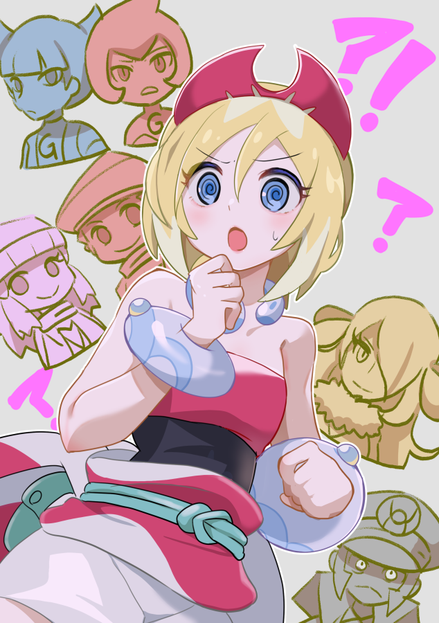 !? 3boys 3girls :o @_@ blonde_hair blue_eyes bracelet clenched_hands collar commentary_request creatures_(company) cynthia_(pokemon) dawn_(pokemon) eyelashes game_freak hair_between_eyes hairband hand_up ingo_(pokemon) irida_(pokemon) jewelry lucas_(pokemon) mars_(pokemon) medium_hair mizuiro123 multiple_boys multiple_girls nintendo open_mouth pokemon pokemon_bw pokemon_dppt pokemon_legends:_arceus sash saturn_(pokemon) shirt shorts strapless strapless_shirt sweatdrop team_galactic waist_cape white_shorts