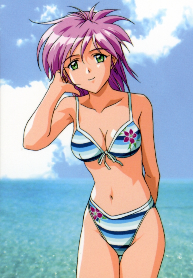 1girl arm_behind_back bare_shoulders bikini breasts cleavage cloud collarbone day female_focus green_eyes hand_in_own_hair kokura_masashi looking_at_viewer medium_breasts navel official_art pink_hair short_hair sky smile solo swimsuit tokimeki_memorial tokimeki_memorial_2 water yae_kaori