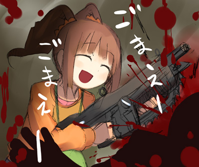1girl :d blood brown_hair chainsaw closed_eyes crossover death female_focus gears_of_war gun happy idolmaster idolmaster_(classic) idolmaster_1 lancer_(gears_of_war) lowres murder open_mouth parody raglan_sleeves smile solo takatsuki_yayoi twintails weapon