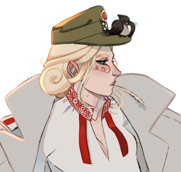 1girl animal animal_on_head belarus belarusian_clothes belarusian_flag bird bird_on_head blonde_hair blue_eyes blush body_freckles breasts cleavage coat emilia_plyaterska freckles from_side green_hat hair_bun hat kastus_kalinouski_regiment large_ears linyvets_chan lips looking_down looking_to_the_side medium_hair military_hat on_head original pointy_ears portrait shirt soldier vyshyvanka white_coat white_shirt