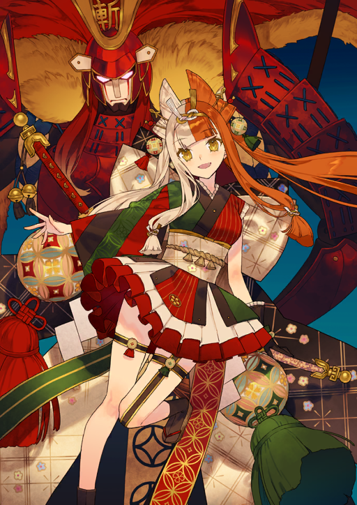 1girl :d arm_at_side armor asymmetrical_legwear asymmetrical_sleeves back_bow black_gloves black_socks blue_background blunt_bangs bow breasts dynamic_pose fate/grand_order fate_(series) floating_hair foot_out_of_frame frilled_gloves frills game_cg gloves green_kimono hair_ornament hairband helmet holding holding_sheath izumo_no_okuni_(fate) izumo_no_okuni_(third_ascension)_(fate) japanese_armor japanese_clothes kabuki kabuto_(helmet) katana kimono leg_up long_hair long_sidelocks long_sleeves looking_at_viewer low-tied_sidelocks miniskirt multicolored_hair multicolored_kimono noco_(adamas) official_art okobo open_mouth orange_hair outstretched_arm platform_sandals quad_buns red_armor red_kimono robot samurai sandals sheath sheathed short_kimono short_sleeves shoulder_armor sidelocks single_glove skirt smile socks sode split-color_hair sword tabi tassel third-party_source twintails uneven_sleeves weapon white_hair wide_sleeves zanzaburou_(fate)