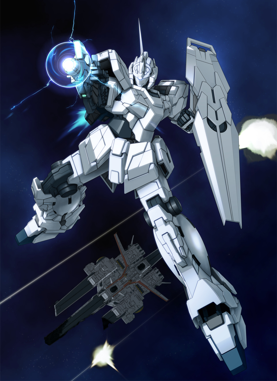 beam_rifle energy_gun gun gundam gundam_unicorn highres mecha nagi-kaze nahel_argama no_humans robot shield solo space spacecraft unicorn_gundam weapon