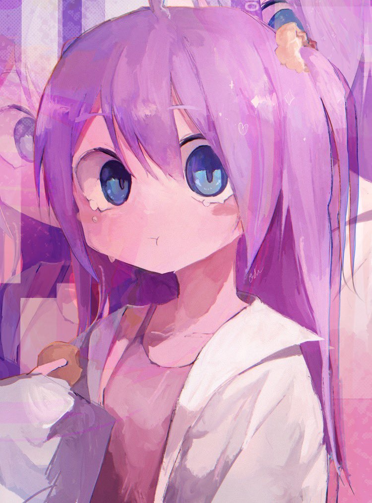 1girl :t abstract_background ahoge blue_eyes blush_stickers camisole cookie eating food hair_ornament hair_scrunchie lab_coat long_hair long_sleeves looking_at_viewer nemuri-chan okusuri_nonde_neyou_(vocaloid) pink_camisole pinosan purple_hair scrunchie sleeves_past_wrists solo tearing_up two_side_up upper_body vocaloid
