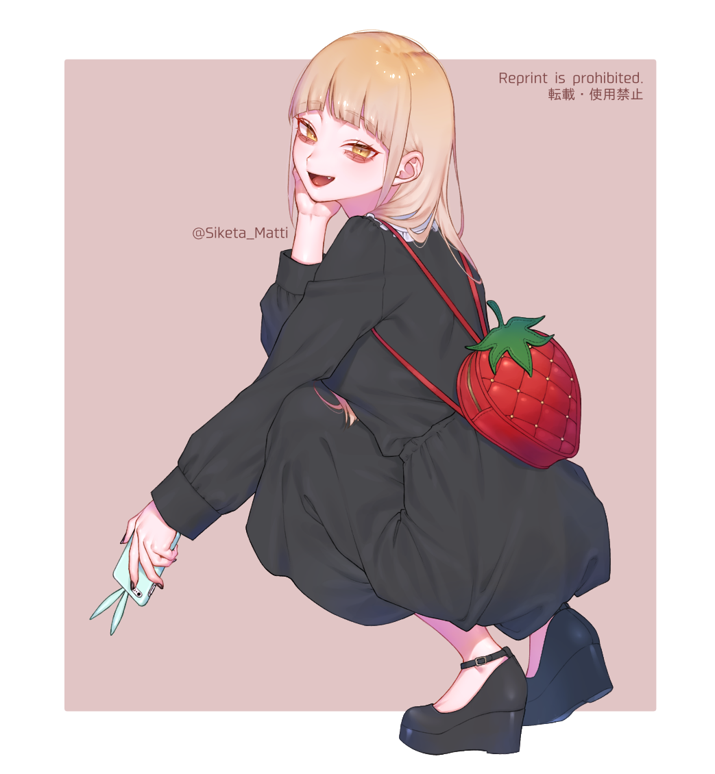 1girl backpack bag bags_under_eyes black_dress black_nails blonde_hair boku_no_hero_academia cellphone collar dress eyebags fangs food fruit hair_down handbag long_hair mizuki_mau nail_polish phone simple_background slav_squatting smartphone smile solo squatting strawberry toga_himiko wedge_heels white_collar yellow_eyes