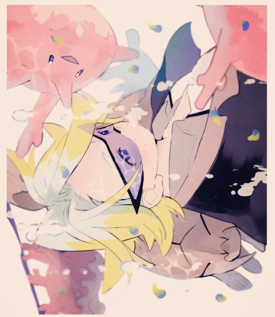 1boy black_jacket blonde_hair blue-tinted_eyewear blue_eyes border closed_mouth corsola eyelashes game_freak gen_2_pokemon gordie_(pokemon) homare007 jacket lying male_focus nintendo on_back pokemon pokemon_(creature) pokemon_swsh shirt short_hair smile sunglasses tinted_eyewear white_border white_shirt