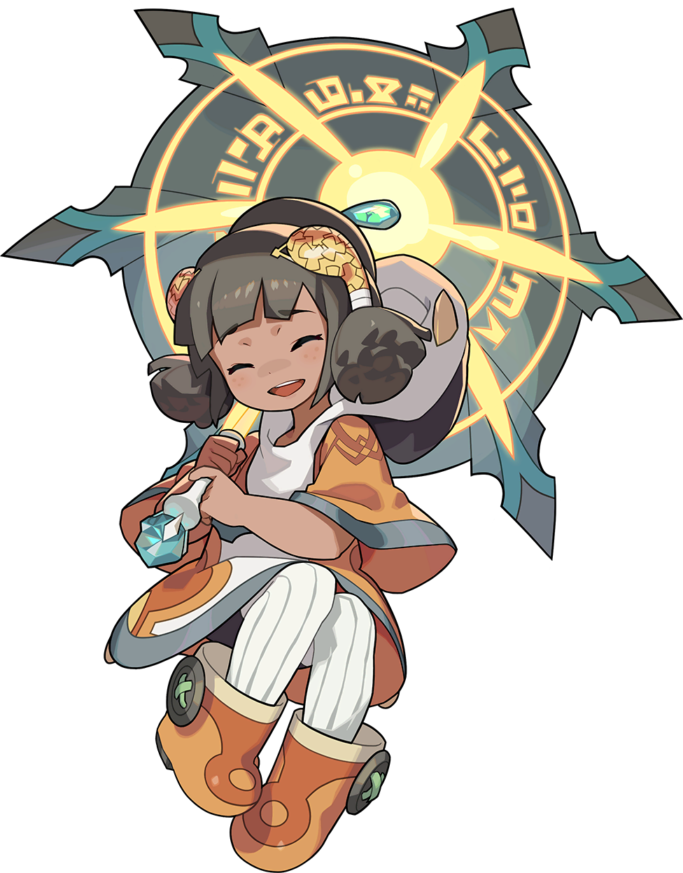 1girl ^_^ artist_request blue_gemstone blunt_bangs blush boots brown_hair buttons capelet child closed_eyes crystal dark-skinned_female dark_skin dress female_focus fi_nonoa_(world_flipper) flat_chest floating freckles full_body gem glowing gold hair_bun hair_ornament hands_up happy highres holding holding_umbrella hooded_dress leggings light_blush non-web_source official_art open_mouth orange_boots orange_capelet pantyhose short_hair simple_background single_hair_bun smile solo teeth transparent_background umbrella white_dress white_leggings white_pantyhose world_flipper
