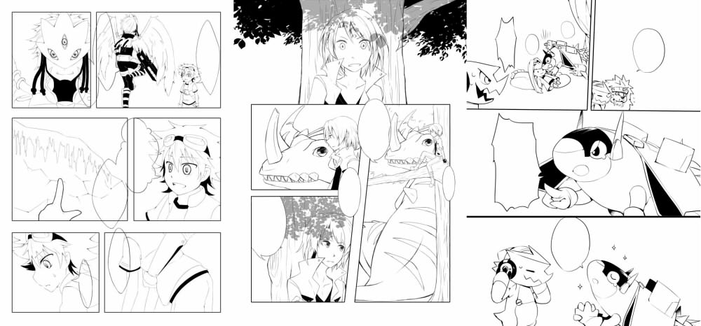 aonuma_kiriha beelzebumon_(digimon_xros_wars) digimon digimon_xros_wars goggles goggles_on_head kudou_taiki looking_at_another monochrome shoutmon sparrowmon tree wings