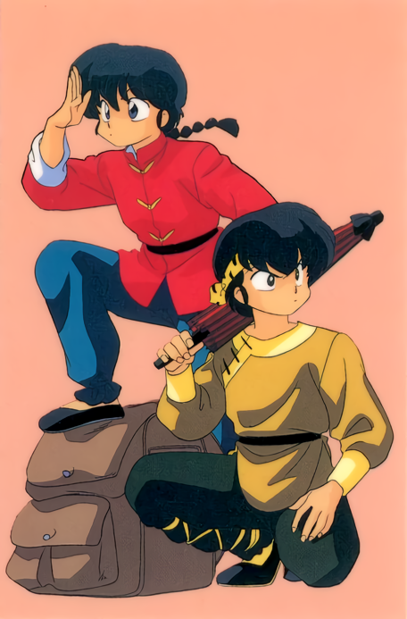 1980s_(style) 2boys backpack bag bands black_eyes black_hair braid braided_ponytail chinese_clothes closed_umbrella headband hibiki_ryouga holding holding_umbrella long_hair long_sleeves male_focus multiple_boys official_art oldschool pink_background ranma_1/2 retro_artstyle saotome_ranma short_hair simple_background squatting umbrella