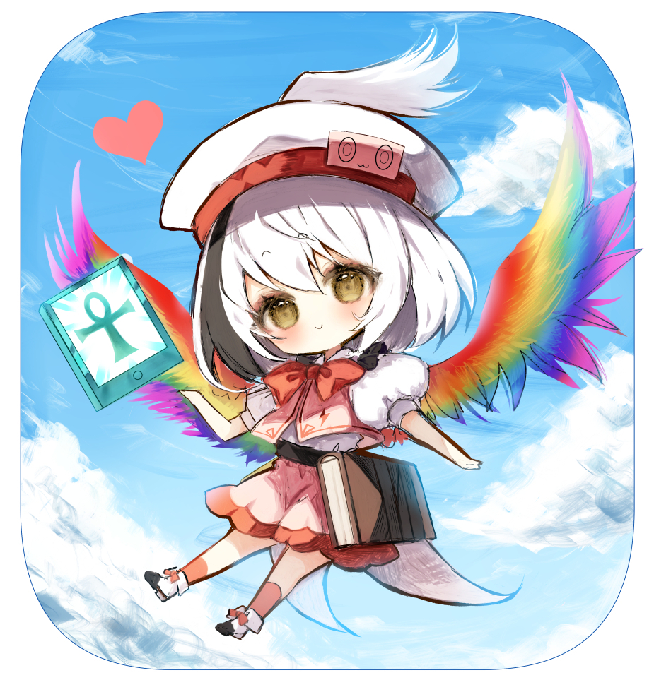 1girl ankh bird_wings blush book brown_eyes closed_mouth coattails duel_monster feathered_wings full_body hair_between_eyes hat heart hollow_song_of_birds kneehighs monster_reborn multicolored_wings original pink_shorts pink_vest piyokichi rainbow_gradient rainbow_wings red_socks revision shirt shoes short_hair short_sleeves shorts smile socks solo torisumi_horou touhou vest white_hair white_hat white_shirt white_shoes wings yu-gi-oh!
