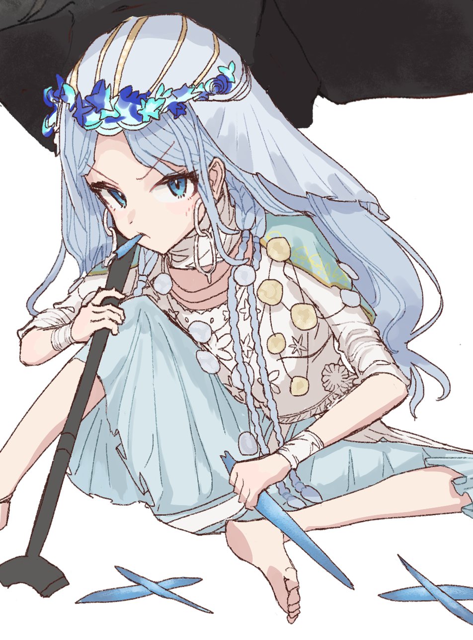 &gt;:( 1girl barefoot blue_cape blue_eyes blue_hair braid cape dress eating elden_ring elden_ring_nightreign feet flower_wreath food food_in_mouth gameplay_mechanics hammer highres holding holding_food holding_hammer huge_weapon jewelry knee_up low_twin_braids mosuroshyu over_shoulder revenant_(elden_ring) sitting solo twin_braids v-shaped_eyebrows veil weapon weapon_over_shoulder white_background white_dress white_veil