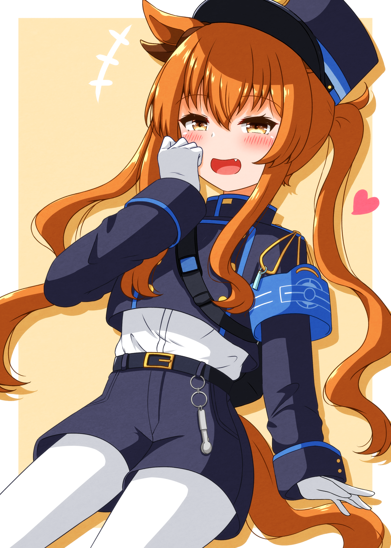 1girl alternate_costume animal_ears armband azuma_satsuki belt blue_archive blush breasts commentary_request cosplay gloves hat heart highres horse_ears horse_girl mayano_top_gun_(umamusume) nozomi_(blue_archive) nozomi_(blue_archive)_(cosplay) open_mouth orange_eyes orange_hair shorts simple_background smug solo textless_version translation_request twintails umamusume voice_actor_connection