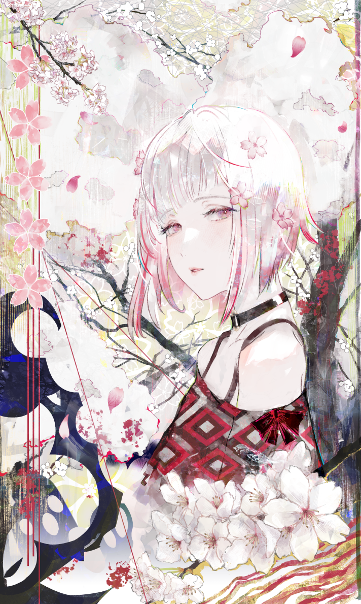 1girl bare_shoulders black_choker bob_cut cherry_blossoms choker collarbone colored_inner_hair commentary diagonal_bangs flower hair_flower hair_ornament inverted_bob link!_like!_love_live! looking_at_viewer love_live! multicolored_hair o-ring o-ring_choker off-shoulder_shirt off_shoulder outdoors parted_lips pink_eyes pink_flower red_hair shirt short_hair solo streaked_hair upper_body virtual_youtuber white_hair yoruneko_yashiro yugiri_tsuzuri