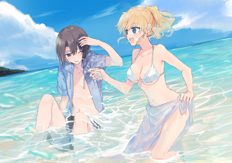 1boy 1girl bikini black_hair blonde_hair blue_eyes blue_sky breasts cleavage cloud dutch_angle from_side hair_between_eyes halterneck kanon_(umineko) large_breasts mxkjxm_(nhss2337) navel partially_submerged sarong short_hair side_ponytail sky smile swimsuit umineko_no_naku_koro_ni ushiromiya_jessica wading water white_bikini