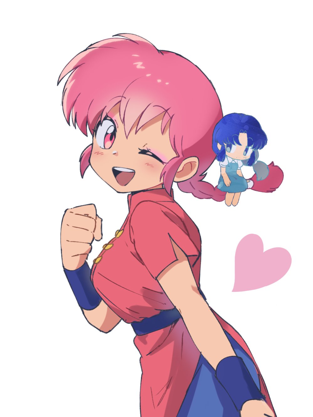 2girls blush breasts chibi chinese_clothes fuurinkan_high_school_uniform heart highres multiple_girls one_eye_closed open_mouth pink_eyes pink_hair qrhara555 ranma-chan ranma_1/2 school_uniform short_hair simple_background size_difference tangzhuang teeth tendou_akane upper_teeth_only white_background