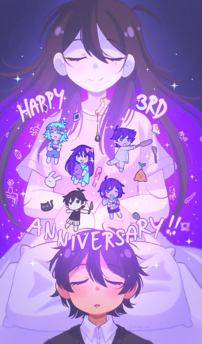 2girls 5boys anniversary antenna_hair aqua_hair aubrey_(headspace)_(omori) aubrey_(omori) basil_(headspace)_(omori) basil_(omori) black_sweater brother_and_sister brothers chibi closed_eyes collared_shirt colored_inner_hair colored_skin commentary donuqx double-parted_bangs dress dual_persona english_commentary facing_viewer forest_bunny_(omori) frying_pan hair_between_eyes head_on_pillow hector_(omori) hero_(headspace)_(omori) hero_(omori) highres holding holding_frying_pan holding_knife holding_stuffed_toy kel_(headspace)_(omori) kel_(omori) knife long_hair mari_(faraway)_(omori) mari_(omori) mewo mr._plantegg_(omori) multicolored_hair multiple_boys multiple_girls omori omori_(omori) open_mouth pillow purple_hair shirt short_hair short_sleeves shorts siblings smile sparkle spatula sprout_mole straight-on striped_clothes striped_shorts stuffed_eggplant stuffed_toy sunny_(omori) sweater two-tone_hair u_u upper_body vertical-striped_clothes vertical-striped_shorts white_dress white_skin