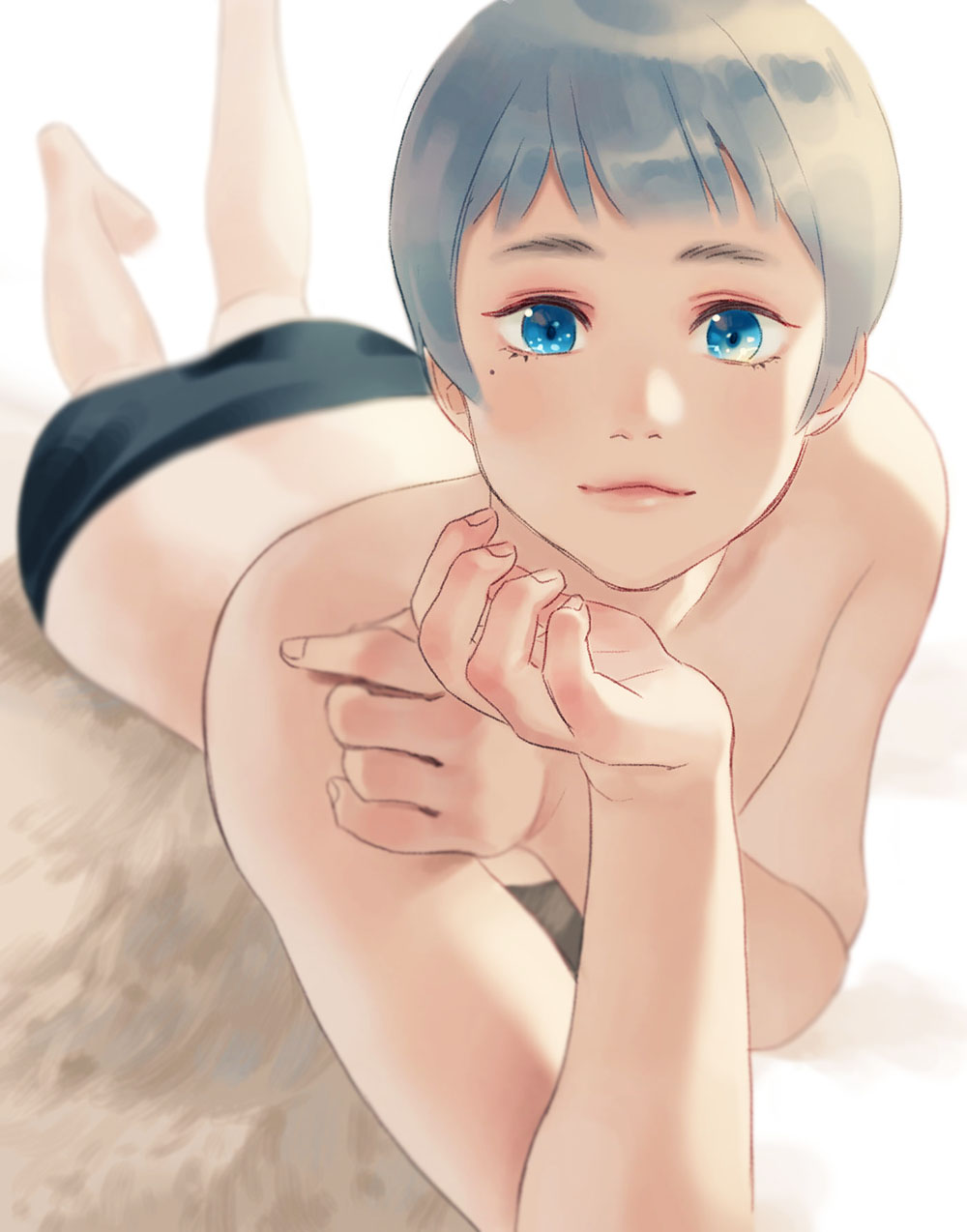 10s 1boy black_male_swimwear black_swim_briefs blue_eyes bowl_cut fndlcp0925 free! grey_hair highres looking_at_viewer male_focus male_swimwear mole mole_under_eye nitori_aiichirou smile solo swim_briefs swimsuit thick_eyebrows topless_male
