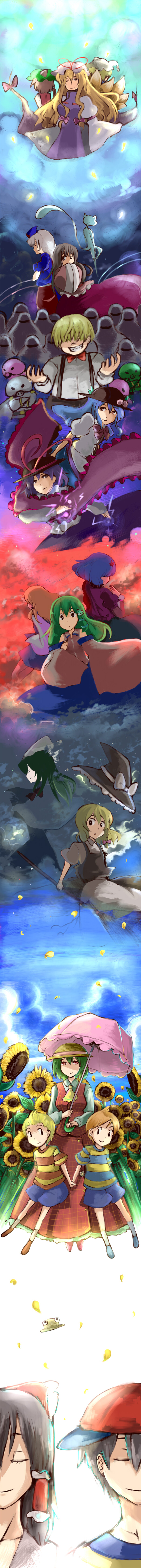 4boys 6+girls absurdres animal_ears ascot back-to-back black_hair blonde_hair blue_hair bow bowtie braid broom brown_hair cat_ears cat_tail chen child claus_(mother_3) closed_eyes cloud crossed_arms crossover detached_sleeves dress dusk electricity energy_ball faux_traditional_media flower food fox_tail frills frog from_behind fruit gap_(touhou) giygas green_hair grin hair_bow hair_ornament hair_tubes hakurei_reimu hands_in_opposite_sleeves hat hidden_eyes highres hinanawi_tenshi holding holding_hands holding_umbrella houraisan_kaguya japanese_clothes kazami_yuuka kirisame_marisa kochiya_sanae leaf light_purple_hair long_hair long_image looking_back lucas_(mother_3) miko mima_(touhou) moriya_suwako mother_(series) mother_2 mother_3 mountain multiple_boys multiple_girls multiple_tails nagae_iku neko_ni_chikyuu ness_(mother_2) night night_sky nintendo no_headwear one_eye_closed orange_hair peach perfect_cherry_blossom petals pigmask plaid_clothes plaid_skirt plaid_vest porky_minch pyonta ribbon scarf shawl shirt short_hair shorts silver_hair skirt skirt_set sky smile snake star_(sky) star_(symbol) starman starman_(mother) starry_sky straw_hat striped_clothes striped_shirt sunflower suspenders tail tall_image touhou touhou_(pc-98) touhou_mother umbrella vest wink witch witch_hat wizard_hat yagokoro_eirin yakumo_ran yakumo_yukari yasaka_kanako