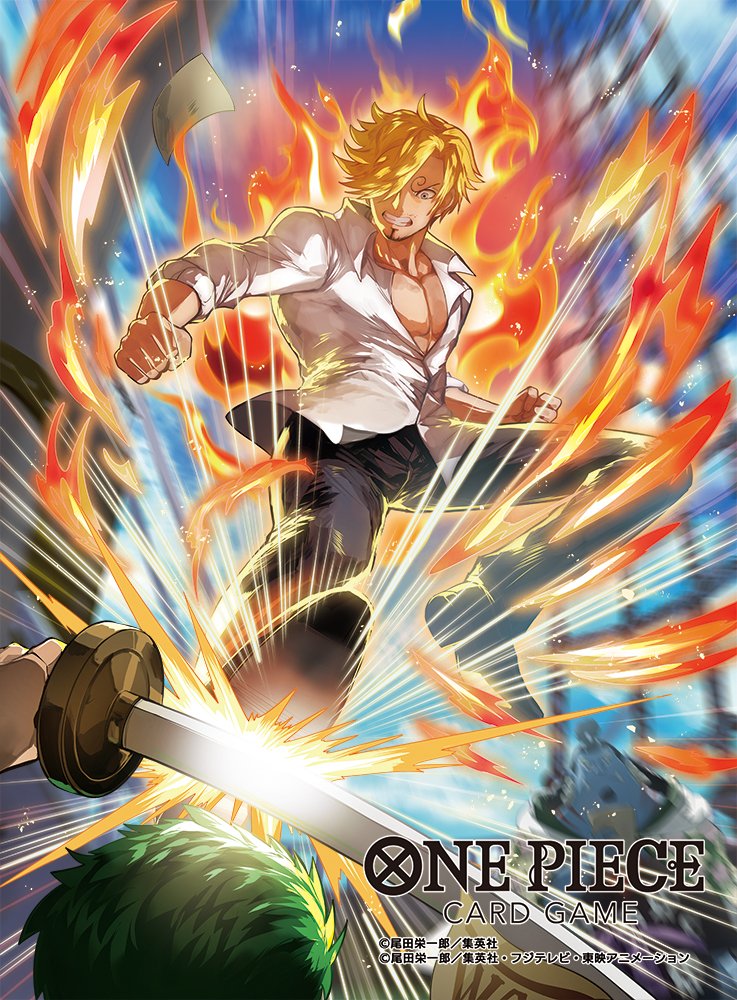 3boys attack black_hair blonde_hair commentary_request copyright_name curly_eyebrows facial_hair fire goatee green_hair holding holding_sword holding_weapon jinbe_(one_piece) male_focus moreshan multiple_boys official_art one_piece one_piece_card_game ponytail ratline roronoa_zoro sanji_(one_piece) shirt short_hair shroud_(sailing) sky sword wanted_poster weapon white_shirt