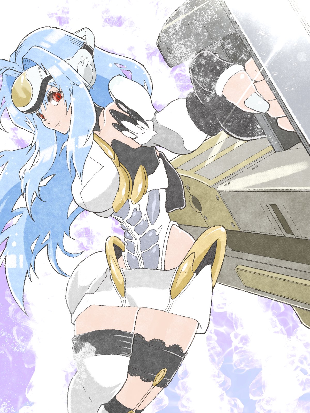 1girl android blue_hair breasts closed_mouth commentary english_commentary forehead_protector gatling_gun gun highres holding holding_gun holding_weapon kos-mos large_breasts long_hair miniskirt red_eyes riicoshibuya skirt solo weapon white_skirt xenosaga xenosaga_episode_i