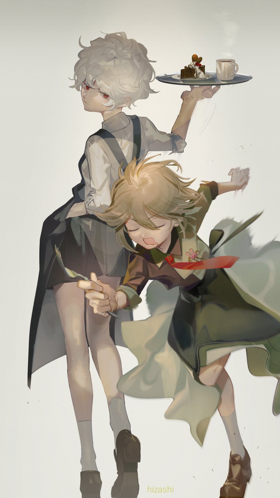 .flow 2girls albino alternate_costume apron arm_up black_apron blonde_hair brown_footwear cake chocolate_cake closed_eyes closed_mouth collared_shirt cup dodging drooling expressionless falling flipped_hair floating_hair food foot_up fork from_behind hair_between_eyes head_tilt heel_up highres hizashi9345 holding holding_fork holding_plate holding_tray kneehighs loafers long_sleeves looking_at_another looking_back medium_hair messy_hair miniskirt motion_blur motion_lines mouth_drool mug multiple_girls plate pleated_skirt reaching red_eyes red_tie sabitsuki shirt shoes signature simple_background skirt sleeves_rolled_up socks standing standing_on_one_leg tray unusually_open_eyes urotsuki v-shaped_eyebrows waist_apron waitress white_background white_hair white_shirt white_socks yume_2kki